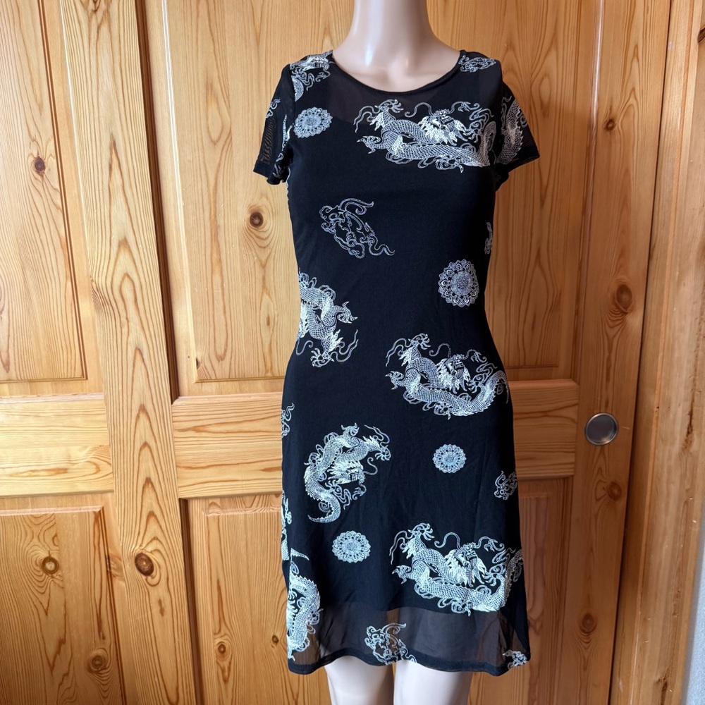 Es Se Novelty Print Maxi Dress S Dragons 90s Y2K Grunge Whimsigoth Mesh